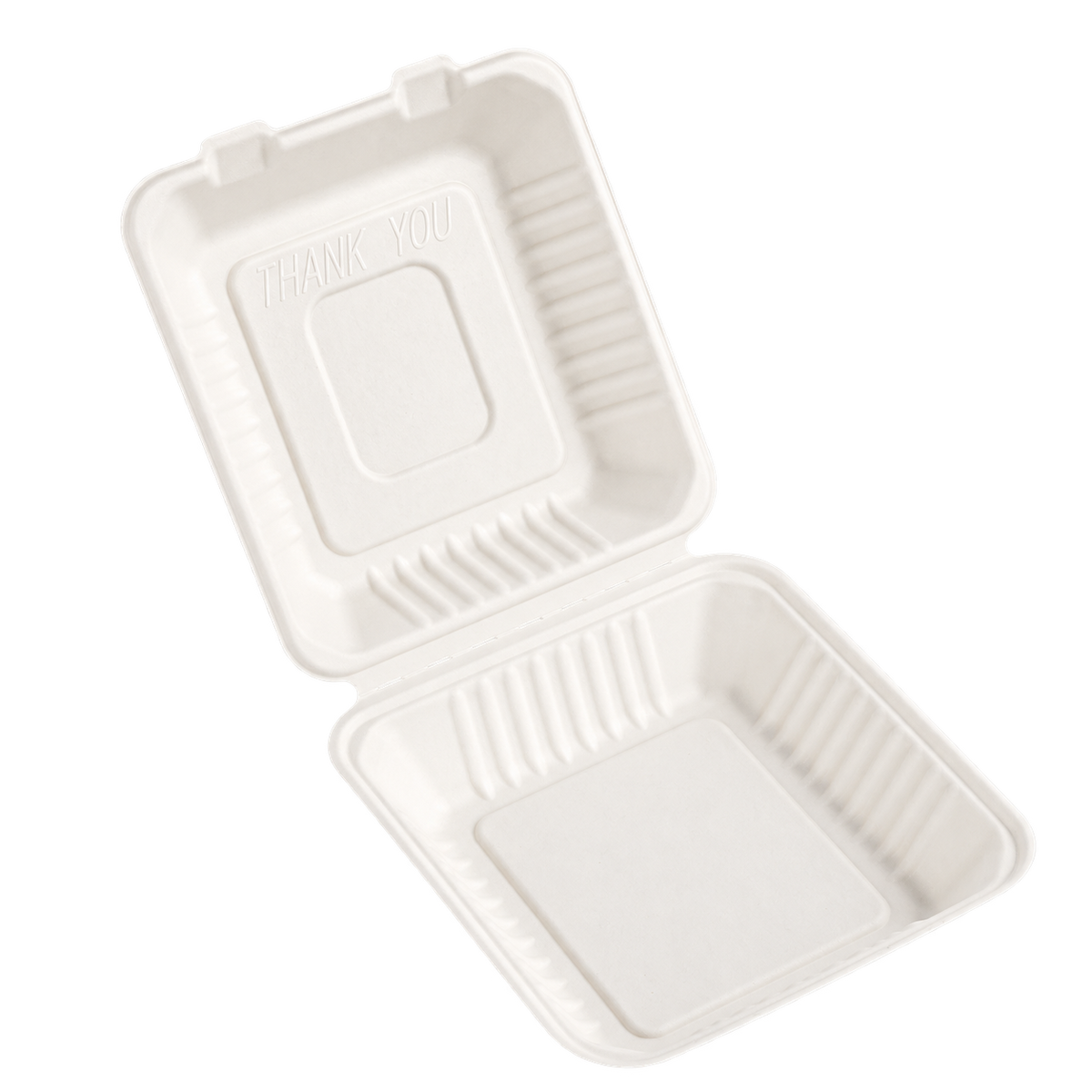 Leafware sugarcane clamshell food box 9 x 9 inch, transparent background
