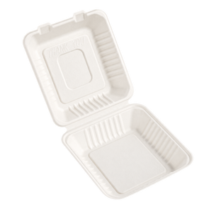 Leafware sugarcane clamshell food box 9 x 9 inch, transparent background