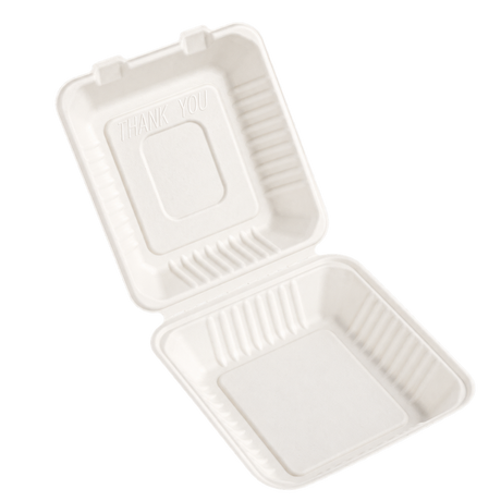 Leafware sugarcane clamshell food box 9 x 9 inch, transparent background