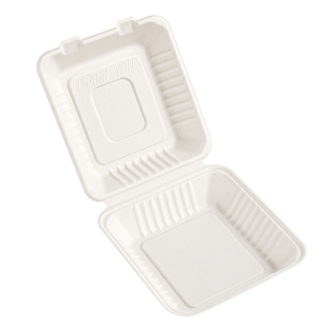 Leafware sugarcane clamshell food box 9 x 9 inch, transparent background
